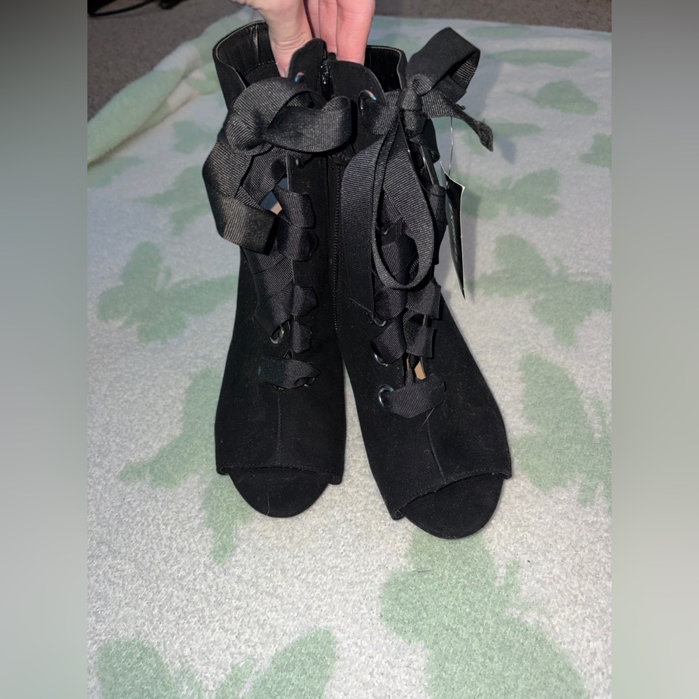 Express Black Lace-Up Peep Toe Heeled Booties